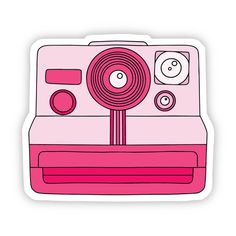 a pink polaroid camera sticker with buttons and circles on the front, set against a white background