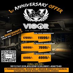 an advertisement for a gym with black and yellow graphics on the front, and white text that reads 1 th anniversary offer