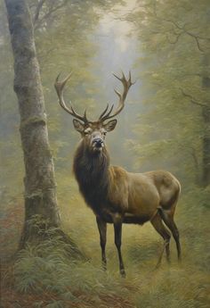 a painting of a deer standing next to a tree in a forest filled with tall grass