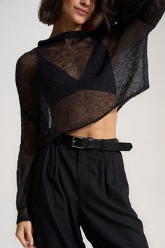 With an open, see-through knit, the Lina Sheer Pullover has a rolled neck and wide fit that's easy to wear dressed up or down. Sheer Tshirt Outfits, Styling Sheer Top, Going Out Tops Winter, Sheer Button Up, Sheer Knit, Mesh Top Outfit Classy, Total Black Outfit, Black Mesh Sweater, Casual Black Open Knit Mesh Top