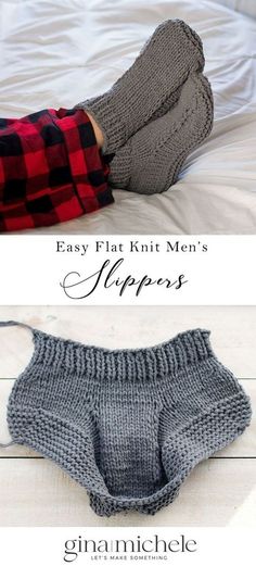 an image of someone's feet in slippers on the bed with text overlay that says easy flat knit men's slippers