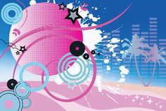 an abstract background with stars and swirls in pink, blue and black colors on a cityscape