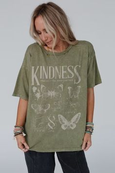 Fluttering Kindness Graphic Tee - Green | Three Bird Nest Bohemian Washed Short Sleeve T-shirt, Bohemian Soft-washed Relaxed Fit Top, Bohemian Soft-washed Relaxed Top, Summer Bohemian Washed Tops, Bohemian Washed Tops For Summer, Bohemian Acid Wash T-shirt For Summer, Stonewashed Tops For Summer, Bohemian Distressed Summer Top, Distressed Bohemian Tops For Summer