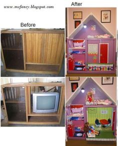 the before and after photos of a doll house made out of wooden cabinets, including a tv