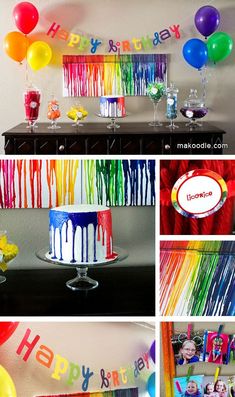 a collage of photos with balloons, cake and streamers for a birthday party