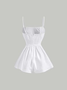 This stylish and comfortable Frock Style Cami Romper is perfect for your everyday look. This white dress is made with a plain pattern and features a zipper detail at the back. It has a short length and a regular fit with spaghetti straps and a high waist. The sleeveless design offers a perfect combination of style and comfort. Specifications: Style: Casual Pattern Type: Plain Details: Zipper Length: Short Type: Cami Fit Type: Regular Fit Neckline: Spaghetti Strap Sleeve Length: Sleeveless Waist Line: High Waist Fabric: Non-Stretch Material: Woven Fabric Composition: 100% Polyester Care Instructions: Machine wash or professional dry clean Body: Lined Lining: 100% Polyester Size Chart(cm): Size US Bust Hip Size Inseam Length Waist Size XS 2 81.00 135.00 6.00 41.00 64.50 S 4 85 139 6 42 68.5 Chic White Suspender Dress, White Cami Suspender Dress With Adjustable Straps, White Cami Suspender Dress With Straps, White Mini Length Suspender Dress, Casual White Suspender Dress Mini Length, White Mini Dress With Back Zipper For Beach, Sleeveless Cotton Mini Dress In Solid Color, Sleeveless Solid Color Cotton Mini Dress, White Mini Suspender Dress With Adjustable Straps