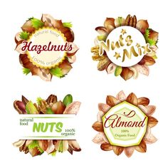 four different nuts labels with leaves and flowers on them, including almonds, peanuts, nut