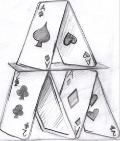 four playing cards stacked on top of each other in the shape of a pyramid with spades and clubs