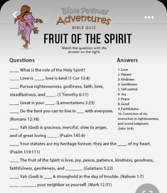 the fruit of the spirit is shown in this bible quiz game, which includes answers and examples