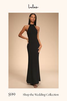 Walk into the room looking picture perfect in the Lulus Like a Dream Black Halter Mermaid Maxi Dress! Slightly stretchy techno crepe knit fabric shapes this dress with a modified halter neckline (with double button closures) and a princess-seamed bodice with an open back. High, fitted waist continues down a figure-skimming mermaid silhouette that ends at a maxi length hem. Hidden back zipper/clasp. Fit: This garment fits true to size. Length: Floor length. Size medium measures 59.5" from shoulde Mermaid Maxi Dress, Casual Formal Dresses, Black Tie Wedding Guests, Formal Dresses Gowns, Casual Wedding Dress, Black Tie Wedding, Mermaid Silhouette, Black Halter, Maxi Knit Dress