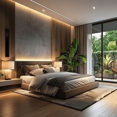 a large bed sitting inside of a bedroom on top of a hard wood flooring