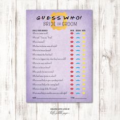 a purple poster with the words guess who bride on groom written in yellow and blue