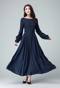 Long Sleeves Dress, Dark Blue Dress, Long Linen Dress, Dress Pleated, Dress Long Sleeves, Maxi Dress Prom, Dress Linen, Fall Dress, Linen Maxi Dress