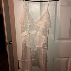 White Beautiful Near Worn Night Gown Lace Camisole Nightgown, Sheer Satin Nightgown For Sleep, Sheer Satin Sleepwear For Wedding Night, Sheer White Nightgown For Parties, Sheer Satin Sleepwear, Sheer Sleepwear For Wedding Night, White Satin Chemise For Wedding Night, White Lace Night Chemise, White Sheer Chemise For Night