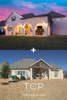 before and after photos of a house with the roof removed