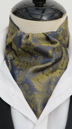 MENS NAVY BLUE AND GOLD PAISLEY FINE SHOT SATIN ASCOT CRAVAT & POCKET SQUARE Paisley Satin one side & a non slip 100% cotton lining the other* Comes with matching handkerchief* Fully machine washable* Other colours avalible* Made in UK* Top Quality Fabric Used* We all so offer this in a ready tied version on another listingWe have a large range of Cravats made up in lots of different colours and designs, please take the time to look at our shop...A beautiful gentlemans ascot cravat in a Formals For Men, Mens Cravats, Mens Ascot, Dapper Gentleman Style, Cravat Tie, Ascot Ties, Blue Suit Men, Gold Paisley, Navy Blue And Gold