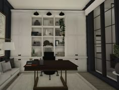 a living room filled with furniture and a book shelf on top of a wooden table