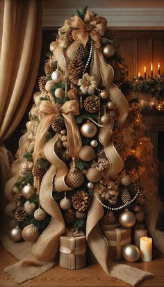 a christmas tree decorated with gold and silver balls, pine cones, bows and ornaments