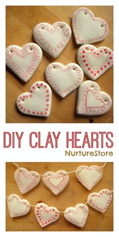 the instructions for how to make heart shaped clay hearts are shown in red and white