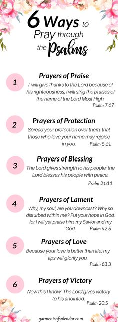 the 5 ways to pray through the psalmss info sheet with pink flowers on it