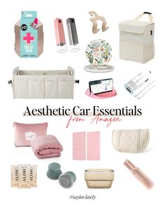 an assortment of pink and white items with the words aesthetic car essentials