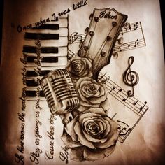 a drawing of a microphone and roses with music notes