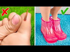 two pictures side by side, one with pink nail polish and the other with clear toenails