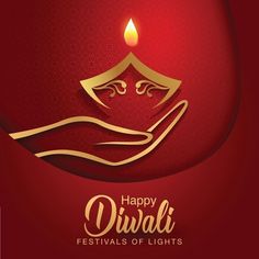 a red and gold diwali festival card with a candle in the middle of it