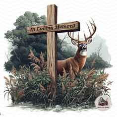 a painting of a deer standing next to a wooden cross