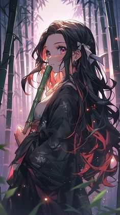 a woman with long hair standing in front of bamboo trees