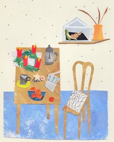 a drawing of a table and chair with food on it