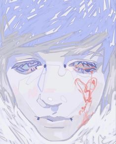 a drawing of a boy with blue eyes and white hair is shown in the foreground