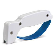 a white and blue stapler with the word accushair on it's side