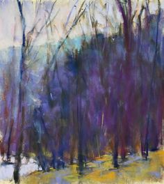 an abstract painting of trees in the snow