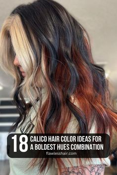 Medium-Long Wavy Calico Hair Calico Hair Color, Edgy Long Hair, Calico Hair, Witchy Hair, Color Block Hair, College Hairstyles, Hair Challenge, Fall Hair Trends, Fantasy Hair