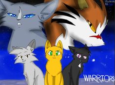 four different colored cats standing in front of a night sky with the word warriors written on it