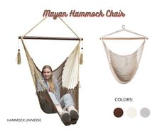 a woman sitting in a hammock chair with color swatches on the bottom