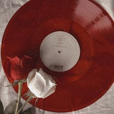 a red record with a single white rose on it