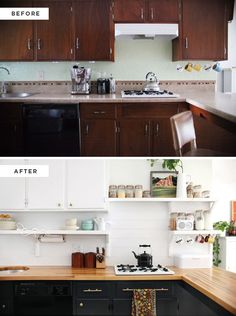 before and after pictures of a kitchen