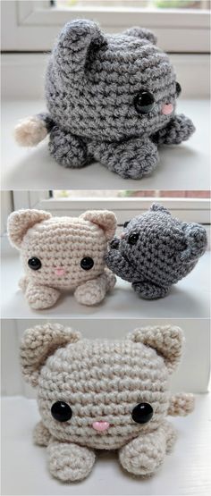 three crocheted stuffed animals sitting next to each other