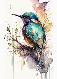 a bird sitting on top of a tree branch with watercolor paint splatters