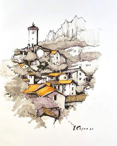 an ink drawing of houses with mountains in the background