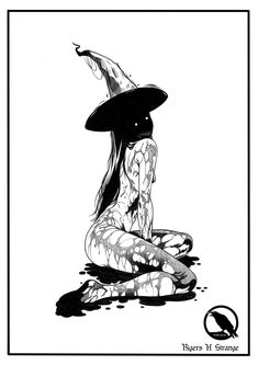 a black and white drawing of a woman sitting on the ground wearing a witches hat