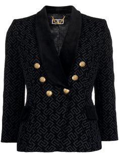 black crepe texture flocked logo embossed gold-tone buttons shawl lapels double-breasted button fastening three-quarter length sleeves buttoned cuffs two side flap pockets satin lining straight hem Button Shawl, Crepe Blazer, Wardrobe Edit, Double Breasted Jacket, Double Breasted Blazer, Black Blazers, Blazers For Women, Outerwear Women, Clothes For Sale