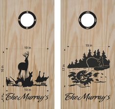 two wooden door hangers with deer and trees on them