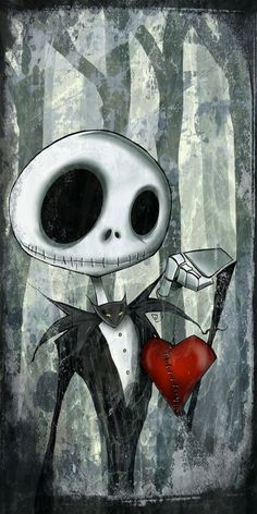 a painting of a skeleton holding a heart