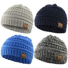 four different colored knitted hats with leather tags on each one's ear and the other