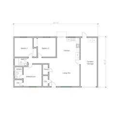 the floor plan for a two bedroom, one bathroom apartment with an attached kitchen and living room