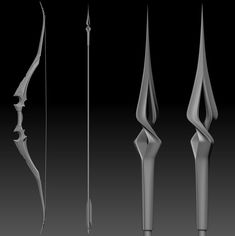 four different angles of an object in the shape of a bow, arrow and spear