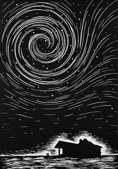 a black and white photo with stars in the sky